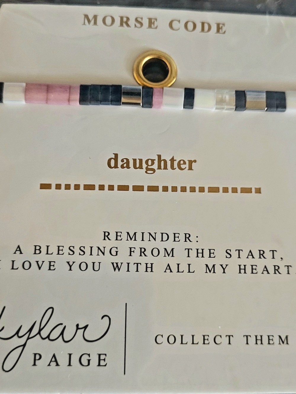 Morse Code "Daughter" Beaded Bracelet in Pink, Navy & Silver -